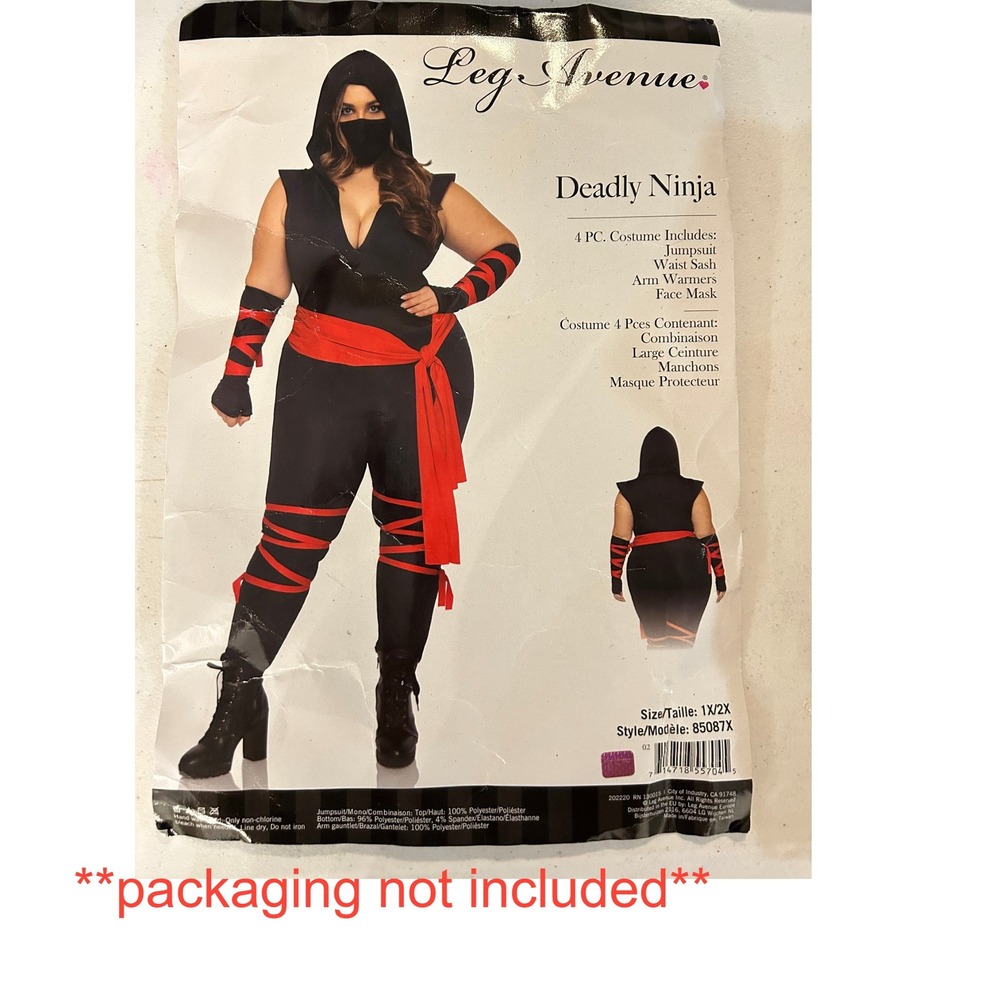 Deadly Ninja Costume Black Red Jumpsuit Plus Size Fitted Sexy Bodycon 1x-2x